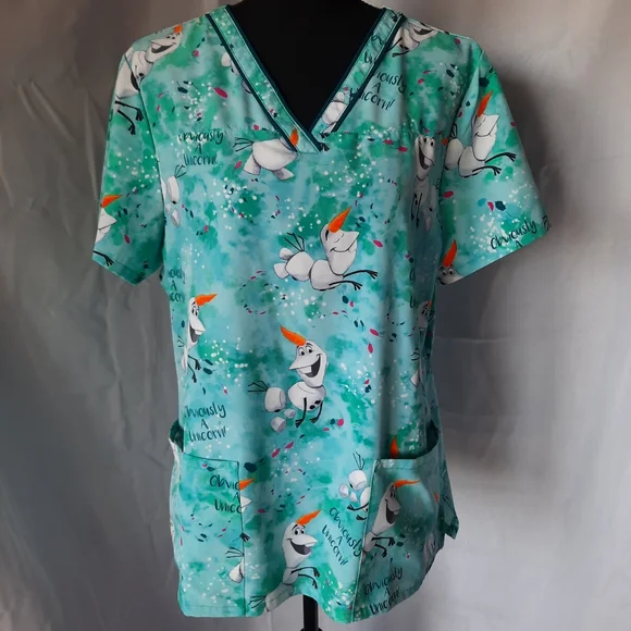Disney Scrubs Blue Teal Scrub Top Size Med Frozen Olaf Unicorn Winter V Neck - Picture 2 of 9